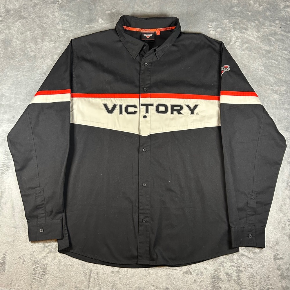 Victory Motorcycles Mens L Black Long Sleeve Button Down Racing Logo Shirt